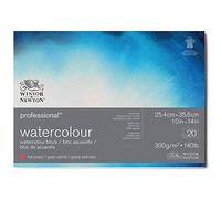 Winsor & Newton Papel de Acuarela Profesional, Grano Satinado, 300gr, 100% Algodón, Blanco Natural, Libre de Ácidos, 25,4X35,6CM, Bloc Encolado en los 4 Lados, 20 Hojas