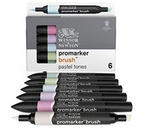 Winsor & Newton Promarker Brush - Set de 6 Rotuladores de Doble Punta, Punta Pincel, Tinta Base Alcohol, Tonos Pasteles