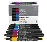 Winsor & Newton Promarker Brush - Set de 6 Rotuladores de Doble Punta, Punta Pincel, Tinta Base Alcohol, Tonos intensos