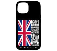 Winston Churchill We Shall Never Surrender - Bandera del Reino Unido Carcasa para iPhone 15