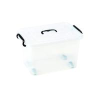 Wintem Caja de plástico de 50 l con tapa y ruedas, grande y transparente para armario, organizador con asas negras y ganchos laterales para cierre seguro