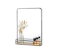 Wintem - Espejo de Pared con Marco Negro y Estante de Madera Natural, diseño Moderno Que Ahorra Espacio para la Entrada del baño y el Dormitorio con Estante portaobjetos