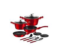 Wintem Juego de 12 ollas y sartenes rojas antiadherentes de aluminio con 4 utensilios de cocina y cómodas tapas de cristal templado - Compatible con todas las placas de cocción como a gas, inducción y
