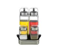 Wintem Juego de 2 aceiteras y saleros de cristal con soporte de acero 14,3 x 11,5 x 20,3 cm - Capacidad 270 ml las aceiteras y 100 ml las saleras - Cómodas, funcionales y fáciles de lavar - Dan un