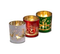 WINTEM Juego de 3 portavelas de Cristal Rojo, Verde y Blanco con decoración navideña para Velas navideñas y Adornos de Navidad, Ideales para Mesa Festiva y Ambiente cálido y Elegante
