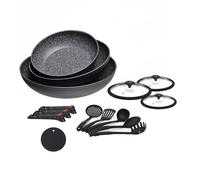 Wintem Juego de sartenes antiadherentes negras de 12 piezas - Batería sartenes inducción efecto piedra con asas extraíbles | Utensilios de cocina con tapas de cristal