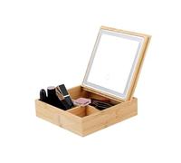 Wintem Organizador de maquillaje de bambú con espejo LED integrado, 3 compartimentos para maquillaje y accesorios, ideal para tocador y uso diario, estructura resistente y diseño elegante