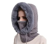 Winter Balaclava Hat for Women,Plush Lining Thickened Warm Hat with Scarf,Windproof Fleece Knit Ski Face Mask (FR/ES, Letras, Talla única, Gray)