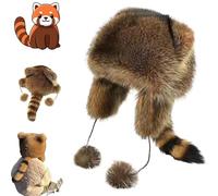 Winter Cute Raccoon Plush Hats, Raccoon Hat with Tail, Racoon Tail Hat, Soft, Warm, Furry with Tail & Adjustable Size for Cold Weather (M 7 + and Adults)