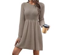 Winter Dresses Casual Fashion Solid Color Knitted Sweater Dress for Women Comfortable Long Sleeve Midi for All Seasons(Khaki,S)