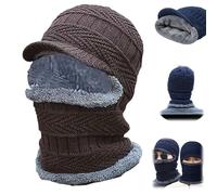 Winter Duo Hat - Plush Thermal Lined,Full Coverage Blocking Knitted Hats,Cozy Head Winter Beanie with Brim 4 Wearing Options (Khaki)