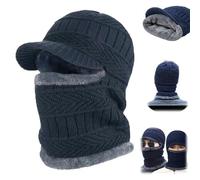 Winter Duo Hat - Plush Thermal Lined,Full Coverage Blocking Knitted Hats,Cozy Head Winter Beanie with Brim 4 Wearing Options (Blue)