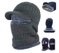 Winter Duo Hat - Plush Thermal Lined,Full Coverage Blocking Knitted Hats,Cozy Head Winter Beanie with Brim 4 Wearing Options (Gray)