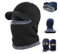 Winter Duo Hat - Plush Thermal Lined,Full Coverage Blocking Knitted Hats,Cozy Head Winter Beanie with Brim 4 Wearing Options (Black)