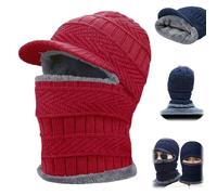 Winter Duo Hat - Plush Thermal Lined,Full Coverage Blocking Knitted Hats,Cozy Head Winter Beanie with Brim 4 Wearing Options (Red)