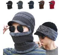 Winter Fullguard Beanie,Full Coverage Warm Fleece Hat,Outdoor Knitted Hats with Mask & Earflaps,Unisex Soft Comfy Lined Hats (Gray)