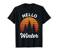 Winter Season tee Pine Trees Retro Rayas Sunset Snowfall Camiseta