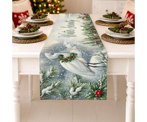 Winter Serenity Heron - Camino de mesa de Navidad (33 x 274 cm) | Diseño de garza de invierno, camino de tocador, detalles de ramas de pino, decoración de comedor de vacaciones