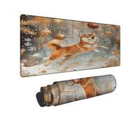Winter Shiba - Alfombrilla de mouse grande, diseño de acuarela de perro marrón, borde cosido, goma antideslizante, lavable, para el hogar y la oficina, 16 x 36 pulgadas