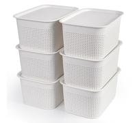 Winter Shore Cajas Almacenaje Plastico Blancas con Tapa [Pack de 6] - Cajas Almacenaje Decorativas Apilables Aula u Oficina - Cestas Organizadoras Modernas para Armarios, Estanterías o Aseo