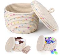 Winter Shore Cesta con Tapa - Cesta Almacenaje y Decorativas de Cuerda de Algodón Tejida - Organizar Juguetes, Hilos, Puericultura, Aperitivos, Toallas- Crema con Detalles de Color 16 x 25 cm