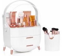 Winter Shore Organizador Maquillaje Blanco con Tarro para Brochas - Organizador Baño Plástico de 3 Niveles, Asa Giratoria y Tapa Transparente - Expositor de Cosméticos Resistente al Agua y al Polvo