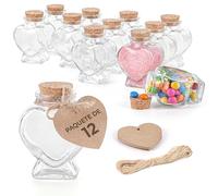 Winter Shore Tarros Cristal con Forma de Corazón de 70 ml con Tapas, Etiquetas y Cordeles (Pack de 12) - Botellas Decorativas de Vidrio con Corcho - Mini Botellas de Vidrio Reutilizables para Mensajes