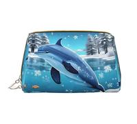 Winter The Dolphin - Bolsa de cosméticos portátil grande, piel de PVC, cierre de cremallera, bolsa de aseo de viaje, bolsa de almacenamiento, Blanco, Talla única