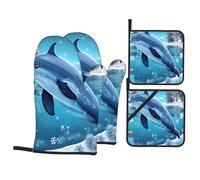 Winter The Dolphin - Juego de 4 guantes de horno y agarraderas de poliéster resistentes al calor para cocinar, hornear, microondas