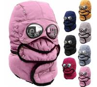 Winter Thermal Trapper Hat with Glasses,4 in 1 Windproof Warm Hat Detachable Mask Neckband,Unisex Outdoor Sport Snow Hats (Pink)