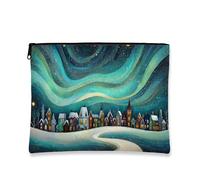 Winter Village - Bolsa de maquillaje artística Aurora para mujer, organizador portátil de lona con cremallera, bolsa de aseo para el cuidado de la piel de vacaciones, Azul, 7x9 Inch, Bolsa
