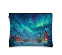 Winter Village - Neceser de maquillaje navideño con diseño de Aurora Boreal azul para mujer, organizador portátil con cremallera pequeña, bolsa de aseo de vacaciones, Azul, 7x9 Inch, Winter Village