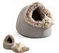 Winter Warm Pet Cave Bed, Cozy Cat Tent For Indoor Pet,Soft Small Cats Hideout,Winter Pets Bed Self-Warming House with Double Sided Nest Cushion, For Small Medium Cat and Dog Cozy Pets Nest (Khaki,M)
