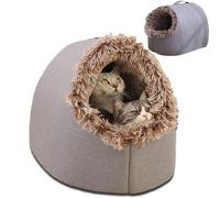 Winter Warm Pet Cave Bed, Cozy Pet Nest for Cats and Dogs, Warm Soft Plush Enclosed for Indoor (Dark Gray+Brown,M)