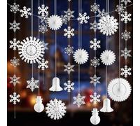 Winter Wonderland - Juego de 15 piezas de decoraciones navideñas de papel blanco con copos de nieve, 1,95 m de longitud, muñeco de nieve y copos de nieve para decoración del hogar