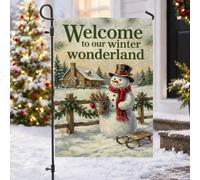 Winter Wonderland Snow Man - Bandera de jardín con cita de bienvenida de 12 | Cabaña rústica, bandera de césped, pinos, sombrero de copa, bufanda roja, valla de madera, cubierta de nieve