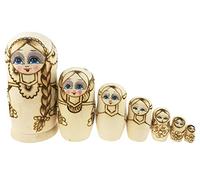 Winterworm Juego de 7 piezas trenzas largas para niña, muñecas Matryoshka, muñeca Babushka, muñecas tradicionales rusas de anidación, juguete apilable de madera, regalo para niños