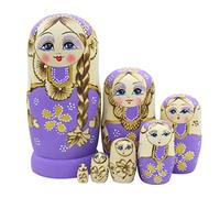 Winterworm Juego de 7 piezas trenzas largas para niña, muñecas moradas Matryoshka, muñeca Babushka, muñecas tradicionales rusas de anidación, juguete apilable de madera, regalo para niños