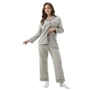 Winthome Pijama largo de algodón para mujer, conjunto de pijama suave y transpirable, traje de casa para mujer con bolsillos, tira de botones, banda elástica, Pjs Women con cuello en V, parte superior