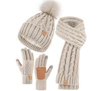 Winuesa Conjunto de gorro, bufanda y guantes para mujer, gorro de invierno para mujer con pompón con forro polar, cálido, gorro de bobble, guantes para pantalla táctil, bufanda para mujer, calentador
