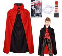Winwild 3Pcs Conjunto de Disfraz de Vampiro para Niños, Capa de 90CM Con Dientes y Sangre Falsa, Drácula Cabo Negro Rojo para Halloween, 5-8 Años