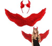 Winwild 75CM alas de ángel Rojo con Cuernos de Diablo Adultos alas de ángel Señoras Ángel Diablo Hadas Accesorios para Disfraces de Halloween Carnaval Cosplay Fiesta de Disfraces