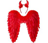 Winwild Alas de Angel con Cuernos de Diablo,Disfraz de Angel y Diablo con Alas para Mujer,Disfraz de Angel Caido Rojo para Halloween Carnaval Cosplay Fiesta de Disfraces(Rojo,60 x 60 cm)