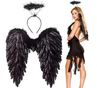 Winwild Alas de Ángel con Halo para Mujer - Disfraz de Hada y de Diablo de Adultos para Halloween, Carnaval, Cosplay y Fiesta Disfraces (Negro, 60 x 60 cm)