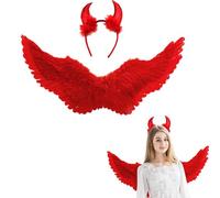 Winwild Alas de Angel Rojo con Cuernos de Diablo Alas de Angel 60CM Angel Diablo Hadas Accesorios para Disfraces de Halloween Carnaval Cosplay Fiesta de Disfraces