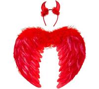 Winwild Engelsflügel Rot mit Teufelshörner Liebe Engel Flügel Kinder Engel Kostüm Feder Flügel Dunkler Engel Kostüm Kinder Halloween Karneval Cosplay Accessoires(45CM×35CM)