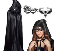 Winwild Juego de 3 capas para disfraces de Halloween,160CM capa negra con capucha y mascara y collar,Halloween Darth Vader capa de vampiro traje de las señoras de Halloween capa de saten para fiestas