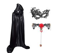 Winwild Negro capa con capucha,3pcs Halloween capa de disfraces para damas conjunto,160cm capa de vampiro con máscara y el dedo gótico cadena, de raso de Halloween disfraz de vampiro adultos