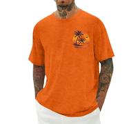WINWUQB - Camiseta de manga corta para hombre, para verano, playa, vacaciones, puesta de sol, diseño de árbol de coco, informal, cuello redondo, naranja, L