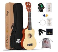 Winzz Kit de iniciación de ukelele soprano para principiantes, con bolsa, afinador de clip, cuerdas adicionales, correa, púa, adhesivo para diapasón, tarjeta de acorde, paño de pulido, color natural
